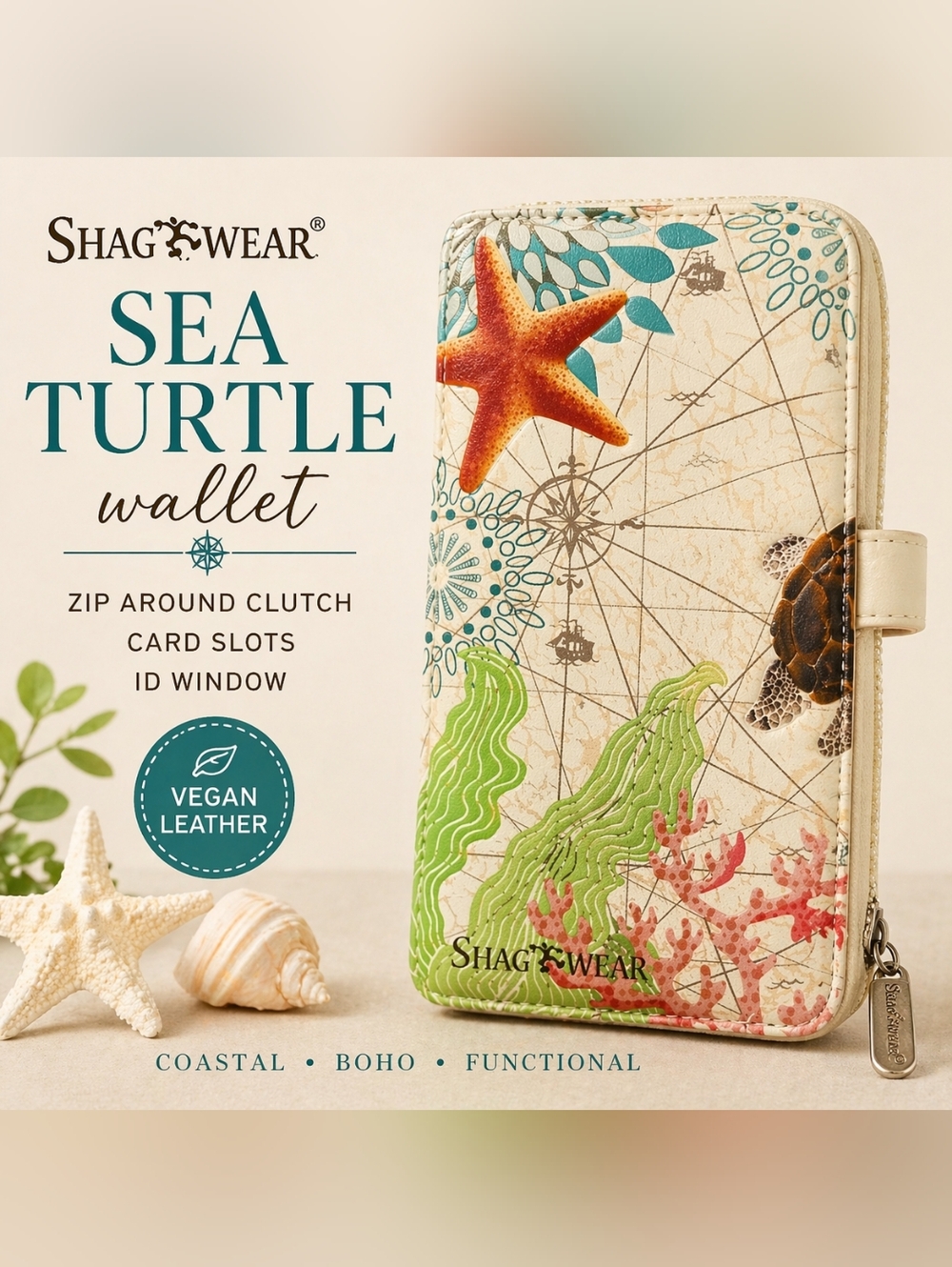 Shagwear Sea Turtle Wallet Vegan Leather Zip Around Organizer Ocean Theme - Picture 5 of 6